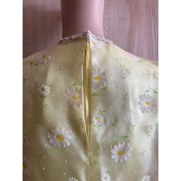 1960s Polyester Handmade Yellow Maxi Dress Sheer Floral Overlay Sz S Cottagecore - Picture 12 of 16